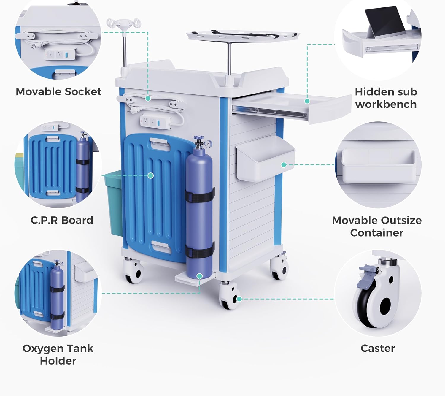 Adjustable Rolling Medical Storage Crash Cart-Includes Silent Casters | IV Pole, Needle Disposal Holder, Trash Bin &