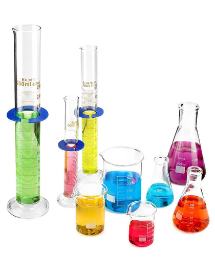Lab Glassware Set, Beaker Flask Cylinder Set, 9 Pieces - Includes 3 Erlenmeyer Flasks, 3 Beakers, & 3 Grade A