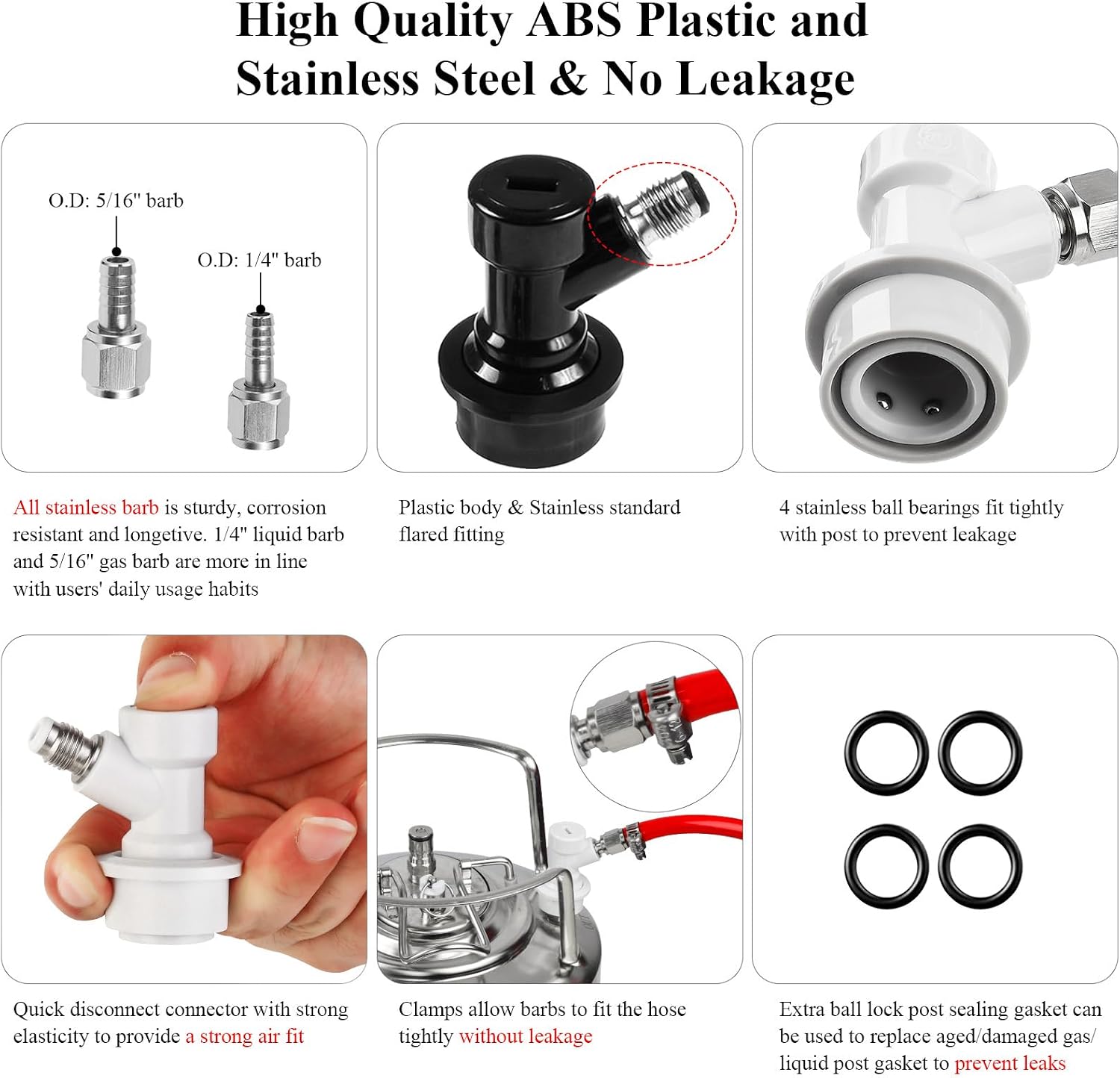 2 Pairs Ball Lock Quick Disconnect Set – Corny Keg Connectors for Homebrew | No Leakage, O.D 1/4" Beer Barb O.D 5/16"