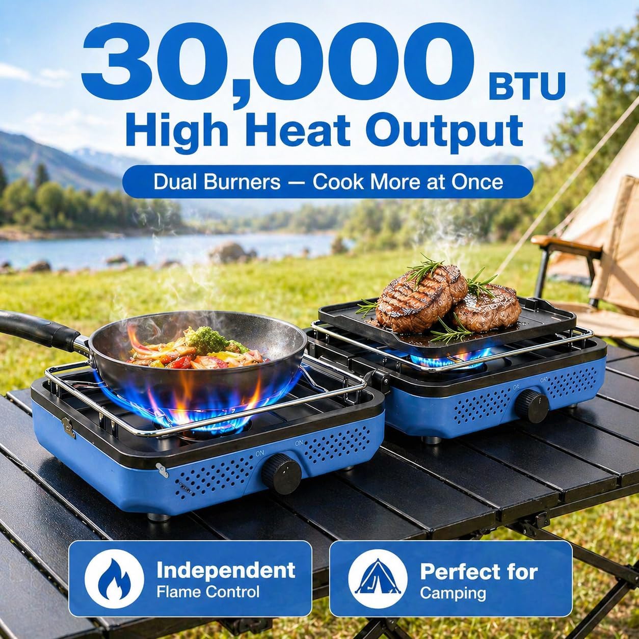 2 Burners Camping Stove with Windscreen for Camping,RV Essentials | 30,000 BTU Propane Camping Stove with Carry