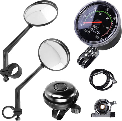 4 Pieces Bike Accessories Including 2 x Bicycle Rear View Mirrors 1 x Classical Old School Style Bike Speedometer
