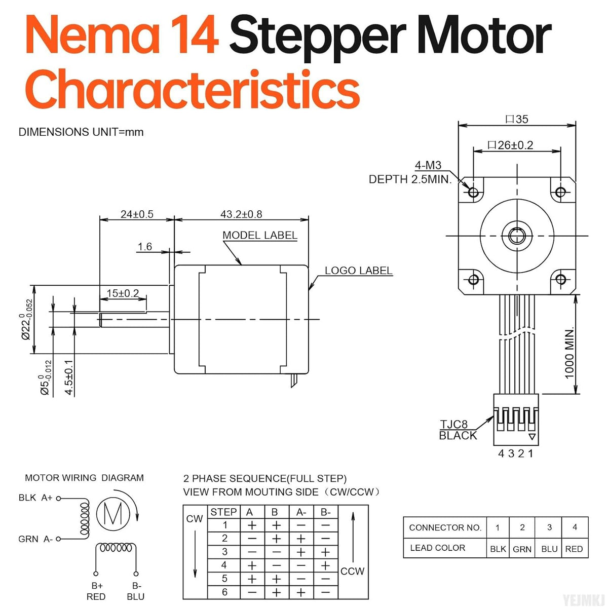 Nema 14 Stepper Motor 35x44mm 28Ncm (39.65oz·in) 1.2A 2.9Ω Bipolar