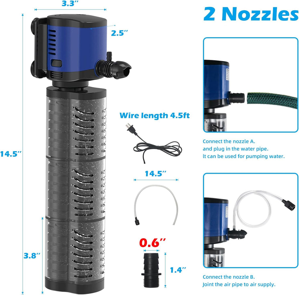 Fish Tank Filter Powerful 400GPH for 75-200 Gallon Large Aquarium Small Pond Fountain, Wave-Maker Submersible Water