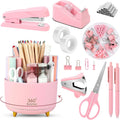 Pink Desk Accessories 10Pcs, Rotating Pen Holder for Desk, Stapler, Staple Remover, Tape Dispenser,2pcs Tape Refills