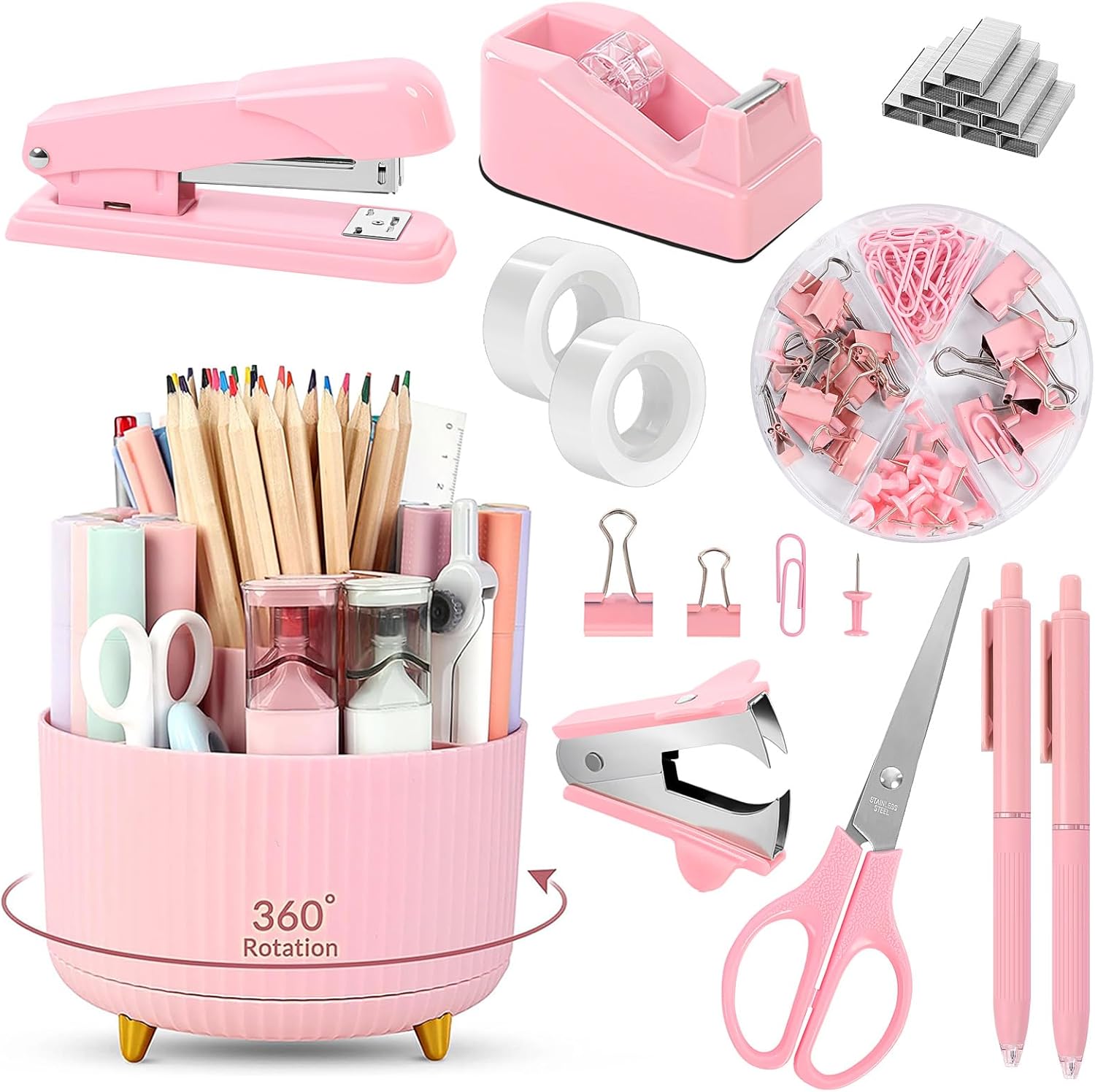 Pink Desk Accessories 10Pcs, Rotating Pen Holder for Desk, Stapler, Staple Remover, Tape Dispenser,2pcs Tape Refills