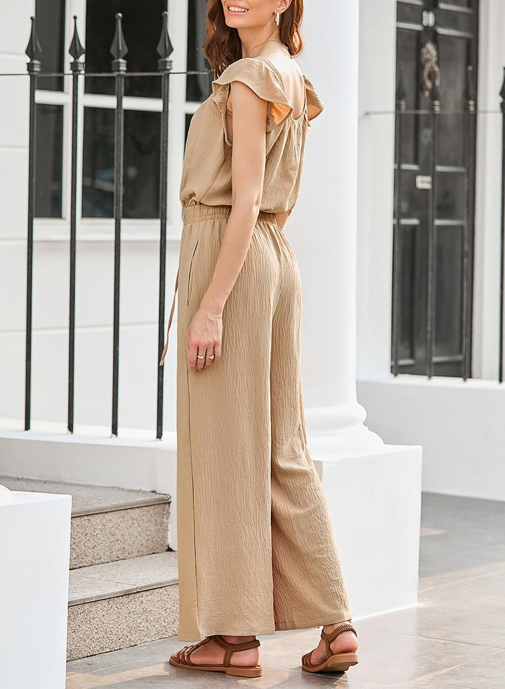Jumpsuits for Women 2026 Summer Ruffle Sleeves Square Neck Rompers Drawstring Overalls with Pockets