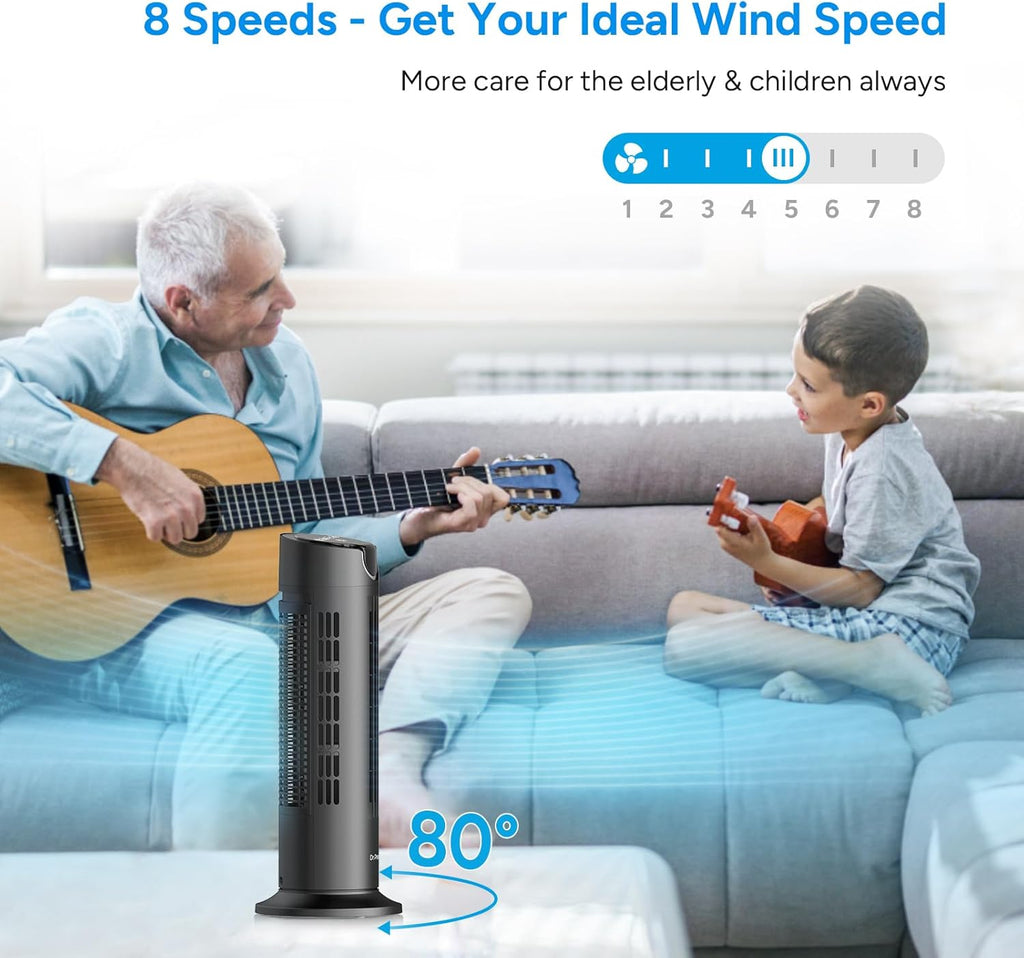 Tower Fan for Bedroom, 25 dB Quiet DC Bladeless Fan with Remote, 8 Speeds, 1-8H Timer, 80° Oscillating Fans for