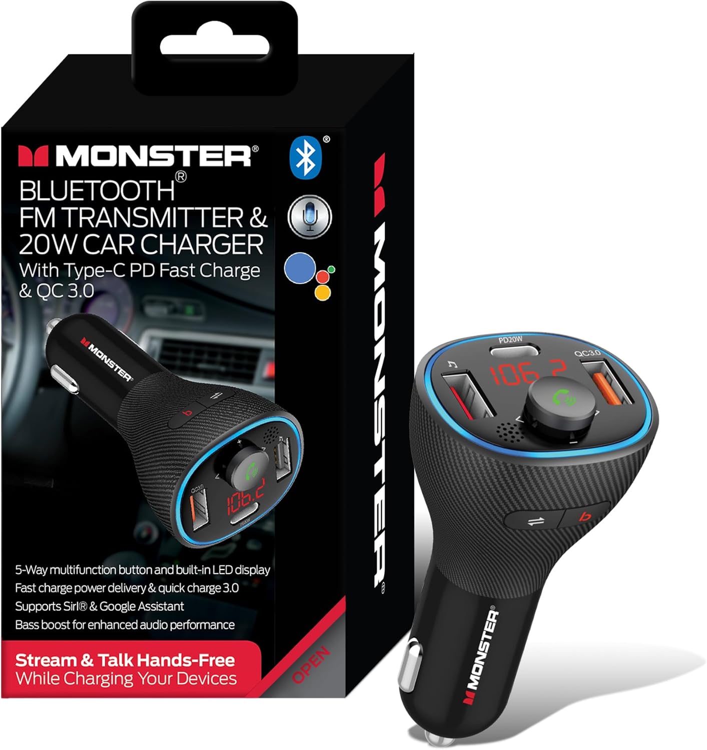 Monster Bluetooth FM Transmitter for Car Cigarette Lighter with 20W QC3.0 USB A & USB C PD Charger, Bass Boost