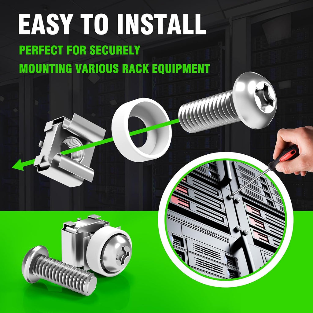 M6 x 16mm Rack Mount Cage Nuts, Screws and Washers - 50 Pack for Server Cabinets, Shelves, Routers - Self-Locking Cable Ties