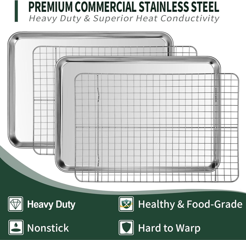 Half Sheet Pans with Rack Set [2 Pans + 2 Racks], CEKEE Stainless Half Size Large Baking Sheets with Rack -18 Inch