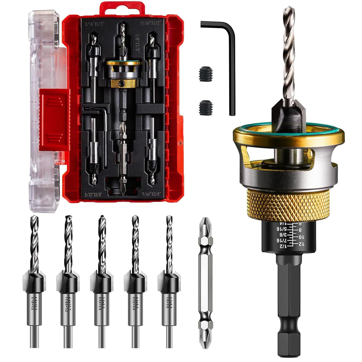 9PCS Countersink Drill Bit Set with Adjustable Depth Stop Collar