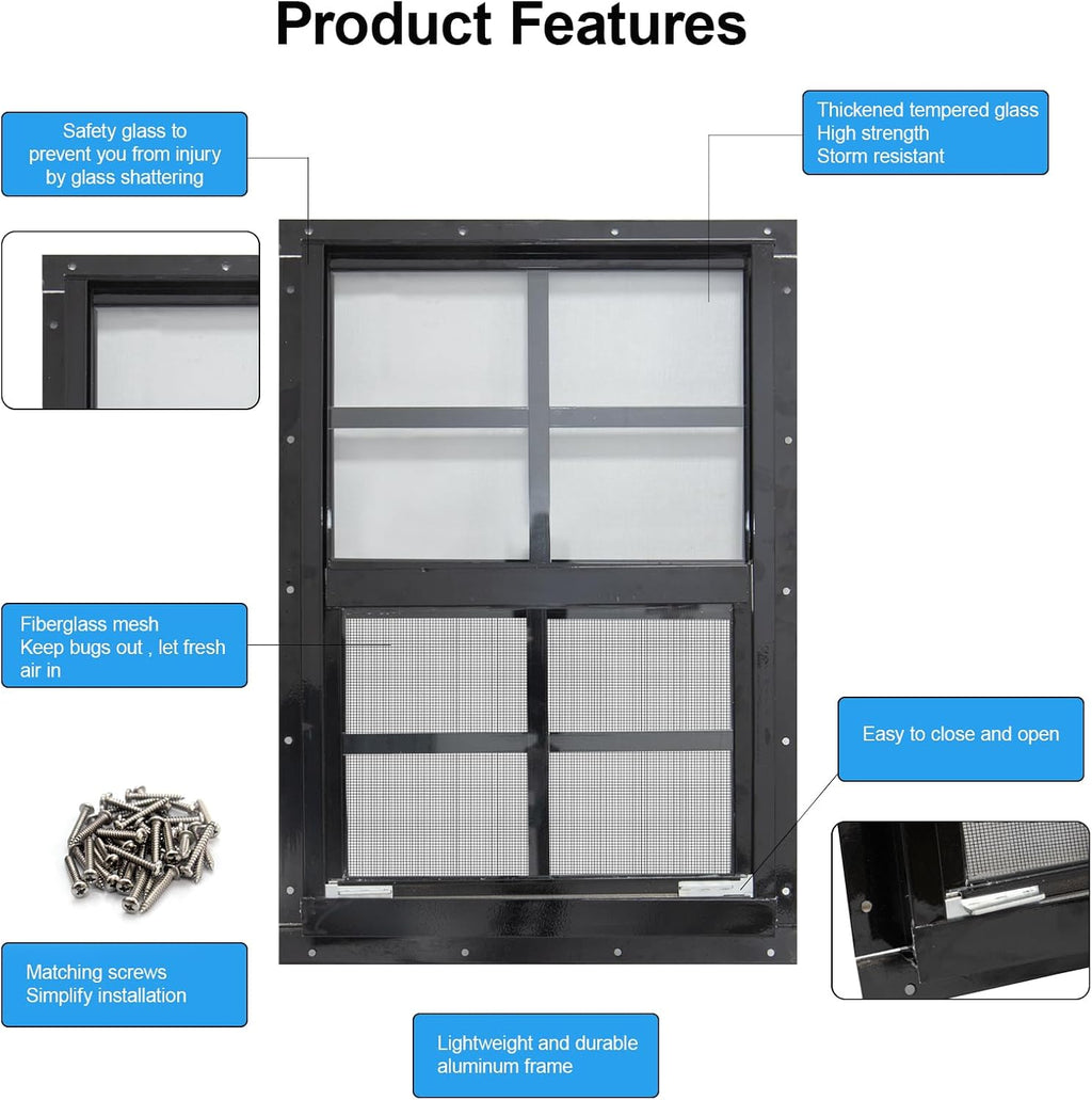 2 Pack Shed Windows with Black Frame, 18x 23 Flush Mount Small Window with Tempered Glass and Fiberglass Screen for