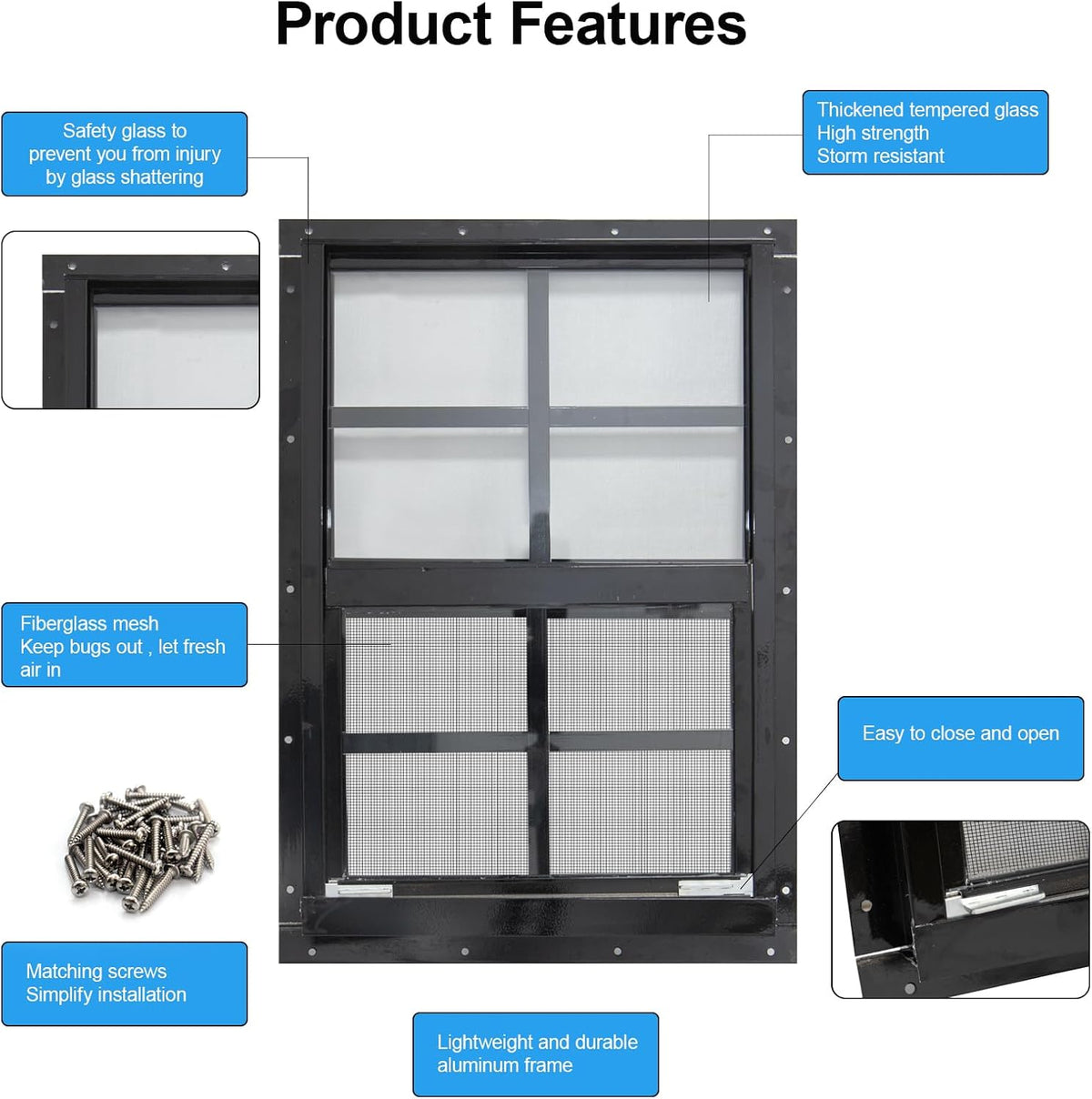 2 Pack Shed Windows with Black Frame, 18x 23 Flush Mount Small Window with Tempered Glass and Fiberglass Screen for