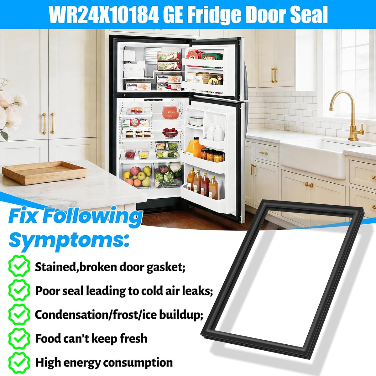 Upgraded WR24X10184 WR24X10098 Refrigerator Door Gasket Compatible with GE Refrigerator Door Seal Replacement Part AH1020246 1169943 AP3861341 Fridge Seal Replacement for Hotpoint Refrigerator Gasket