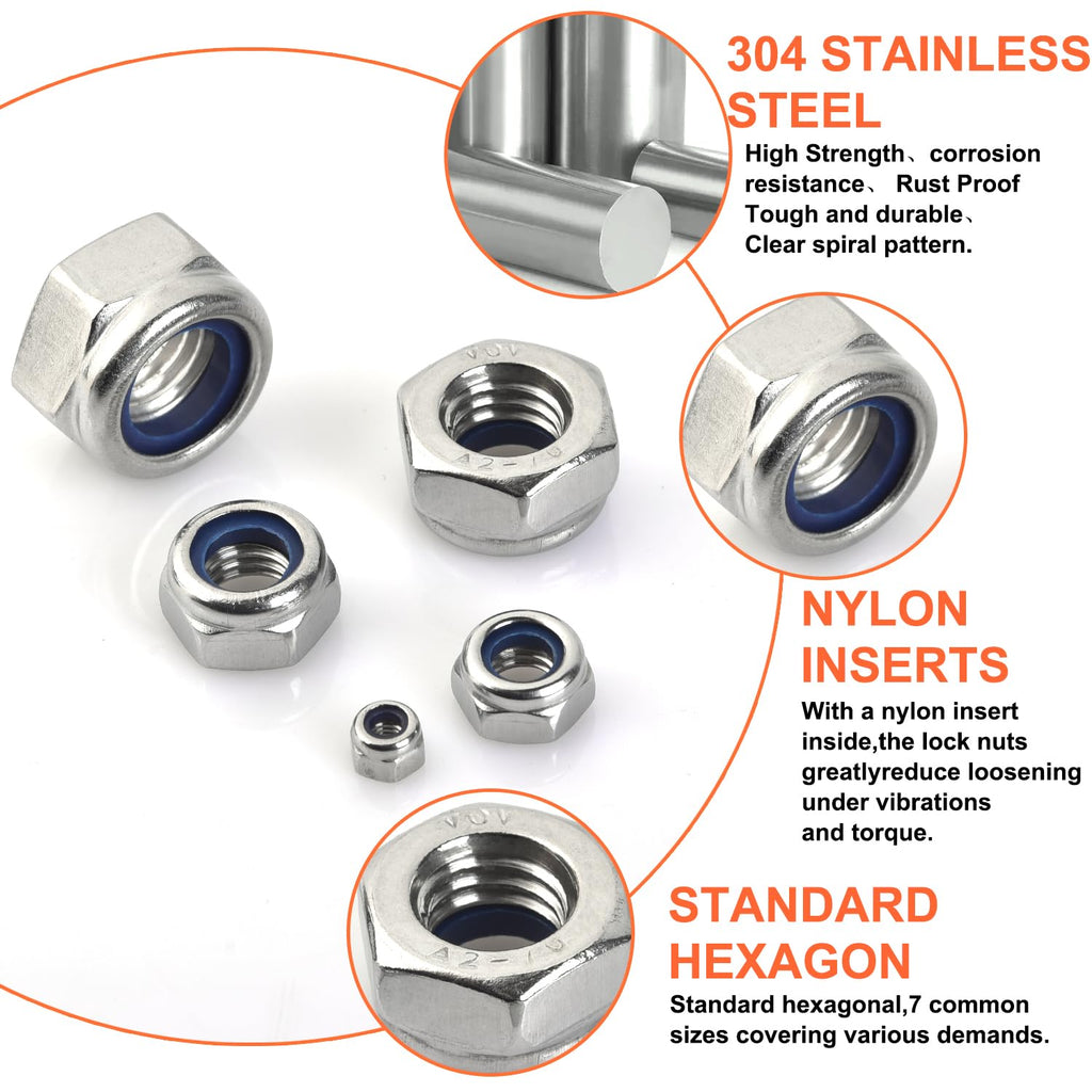 M6 x 1 mm Lock Nuts - 50 Pcs Nylon Insert Hex Locknuts,304 Stainless Steel,Plain Finish