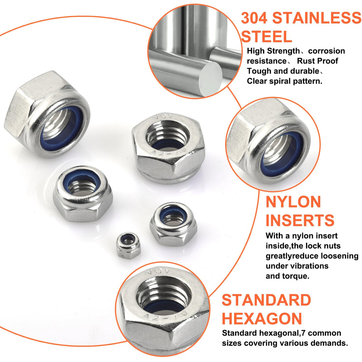 M6 x 1 mm Lock Nuts - 50 Pcs Nylon Insert Hex Locknuts,304 Stainless Steel,Plain Finish
