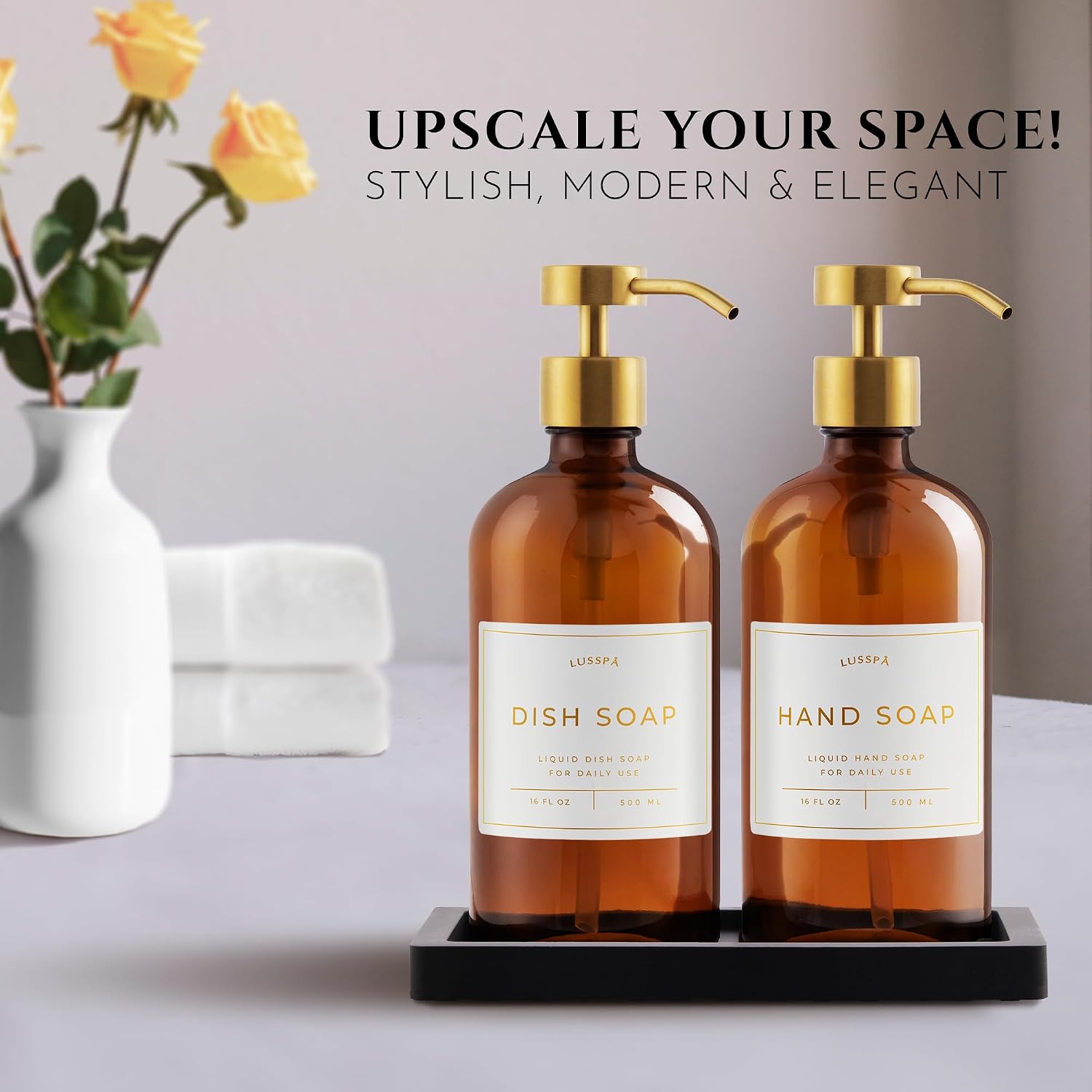 Glass Soap Dispenser Set of 2 (Amber) with Silicone Tray | Hand and Dish Soap Dispenser for Kitchen and Bathroom |