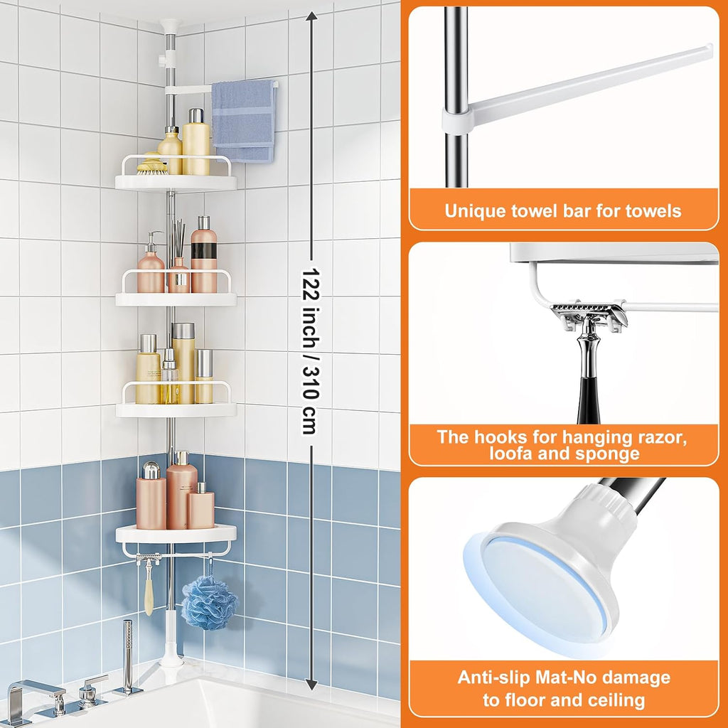 Corner Shower Caddy Tension Pole: Rust Proof 4Tier Shampoo Storage Organizer for Inside Shower - Telescoping Rod