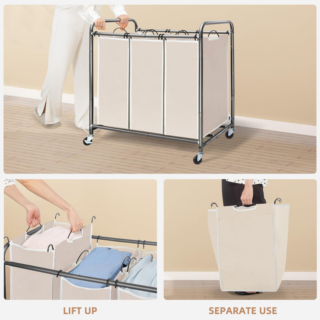 3 Section Laundry Sorter, Laundry Hamper with Wheels, Beige