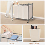 3 Section Laundry Sorter, Laundry Hamper with Wheels, Beige