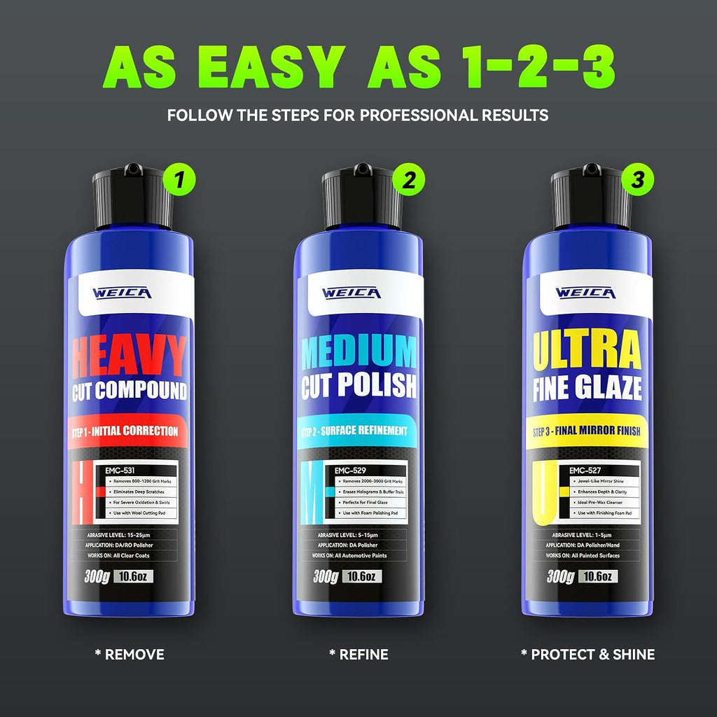 3-Step Car Polishing Compound Kit, Scratch and Swirl Remover, 32 oz | Three-step compound kit cuts defects, refines