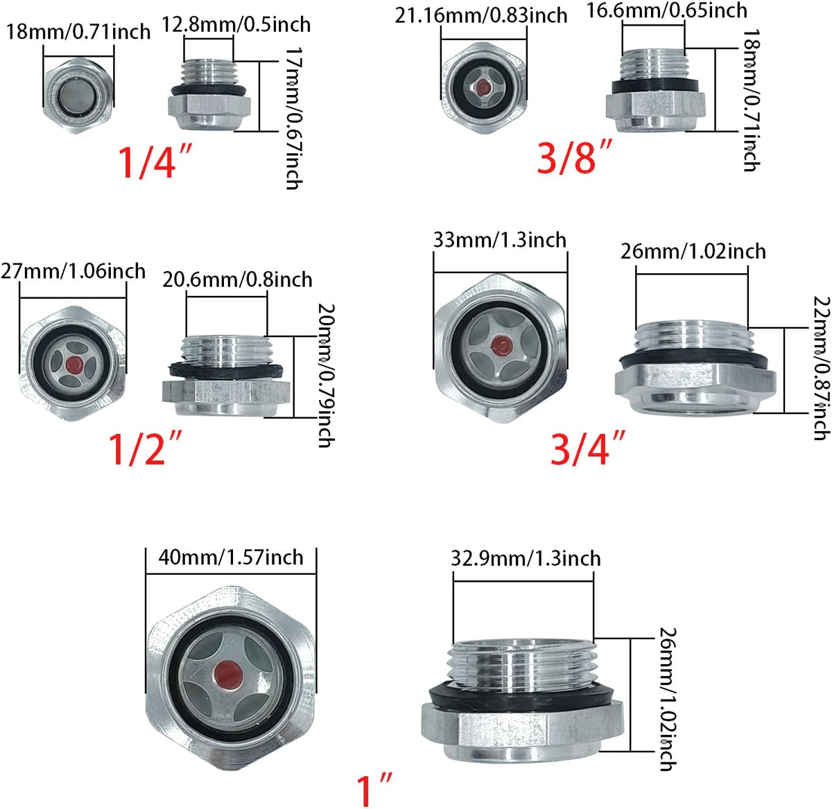 5 Pack Oil Sight Glass Stainless Steel Threaded Liquid Level Indicator