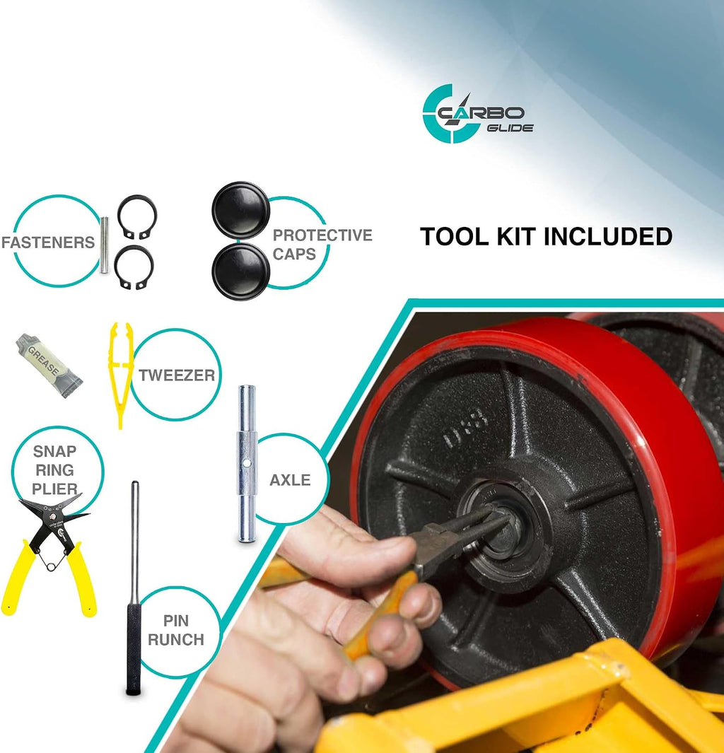 Pallet Jack/Truck Steering Wheels Set with Axle, Fasteners and Protective Caps (4 pcs) 7" x 2" with Bearings ID 20mm