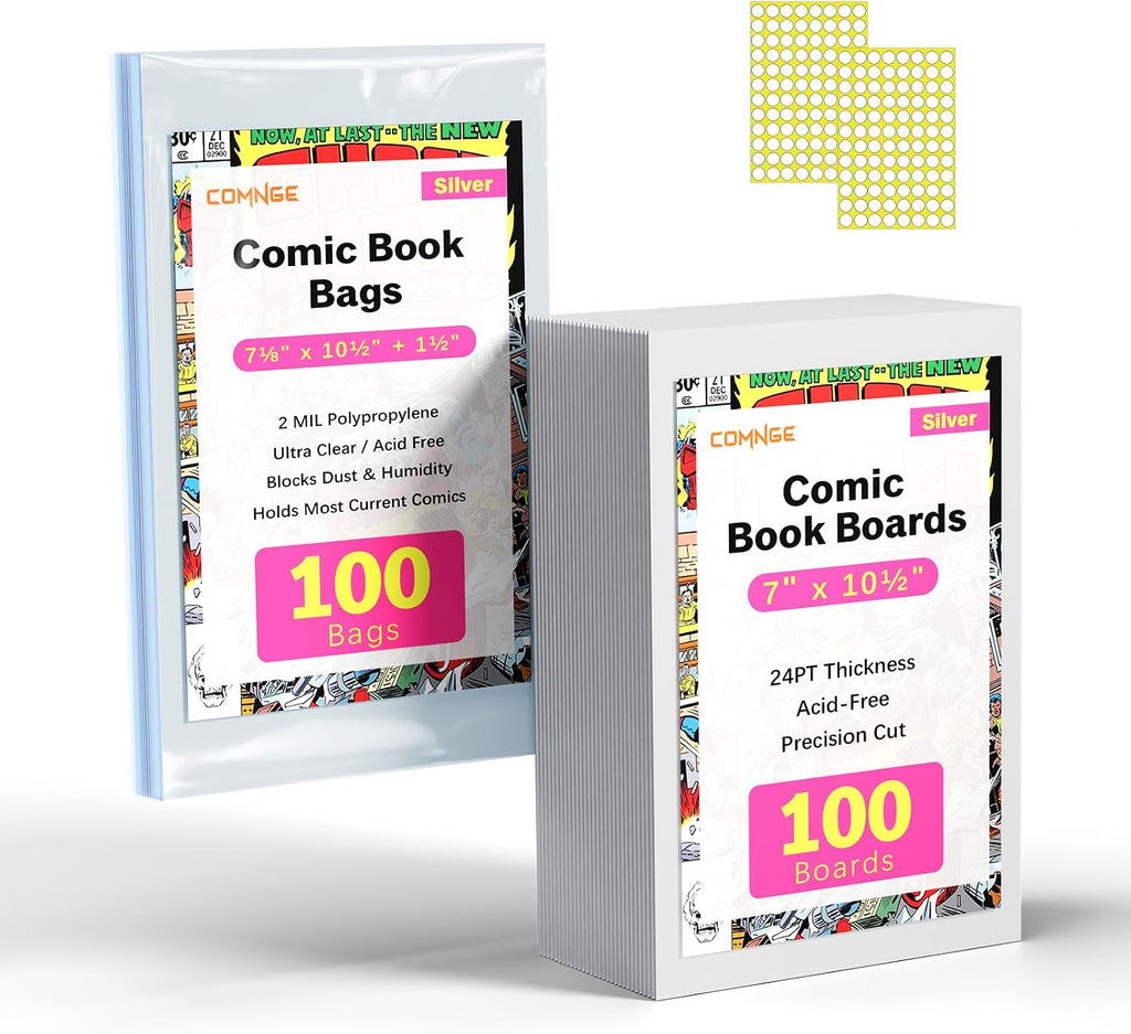 100ct Silver Comic Bags and Boards - Reusable Clear Sleeves & 24PT Boards | Protect Vintage Comics from Scratches