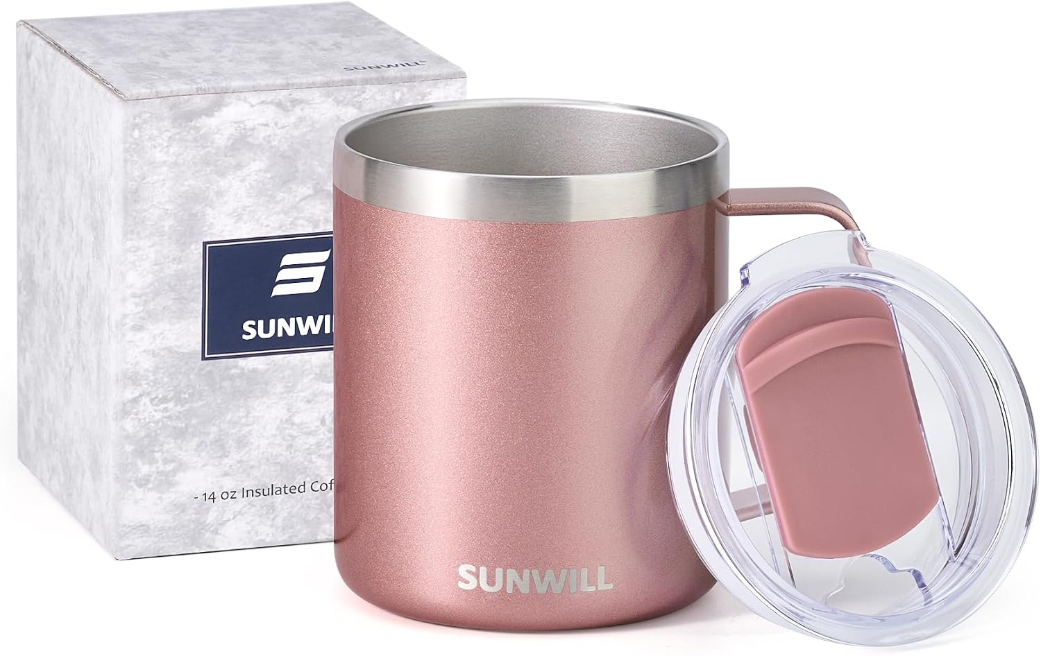 Travel Coffee Mug with Lid, Insulated Tumbler with Handle, 14 oz Stainless Steel Cup for Ice, Water, Tea, Rose Gold