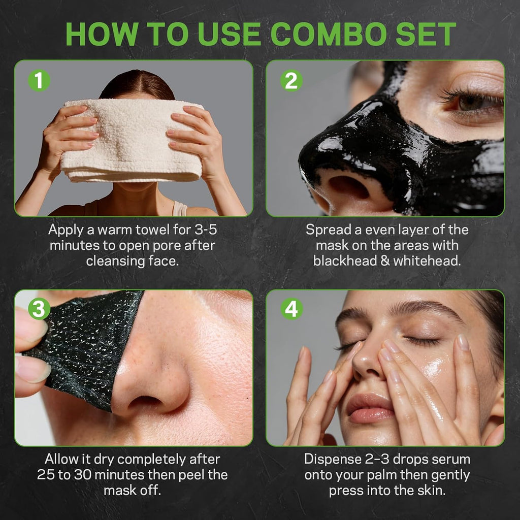 Blackhead Remover Peel Off Face Mask, Black Mask & Tea Tree Oil Serum Duo Set, 2-in-1 Deep Cleansing and Pore
