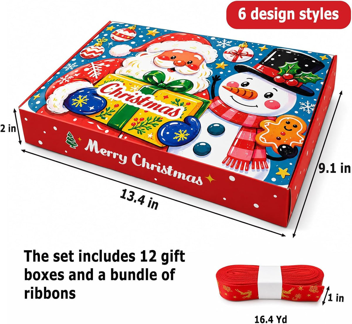 12 Pack Christmas Gift Boxes with Lids, with 16.4 Yd Foil Ribbon