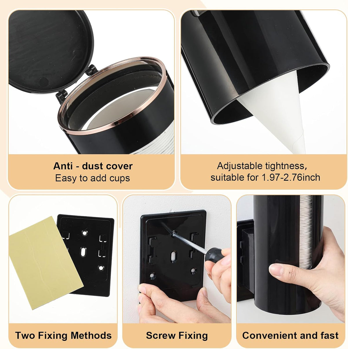 1000 Pcs 4 oz Paper Cone Water Cups with Cup Dispenser, Black