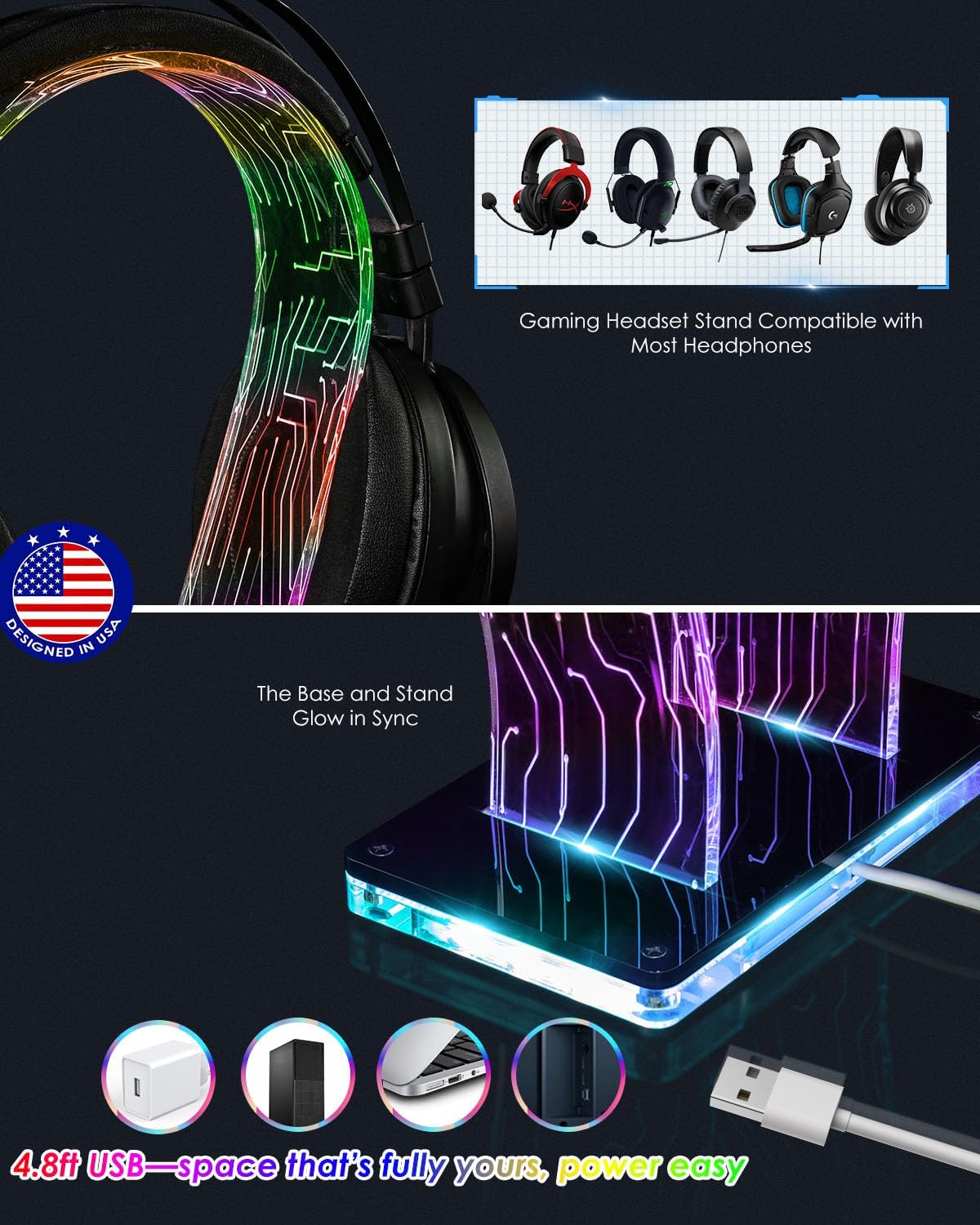 Acrylic RGB Headphone Stand for Desk with Many Light Modes & Colors | Customizable 213 lighting modes & 60,000
