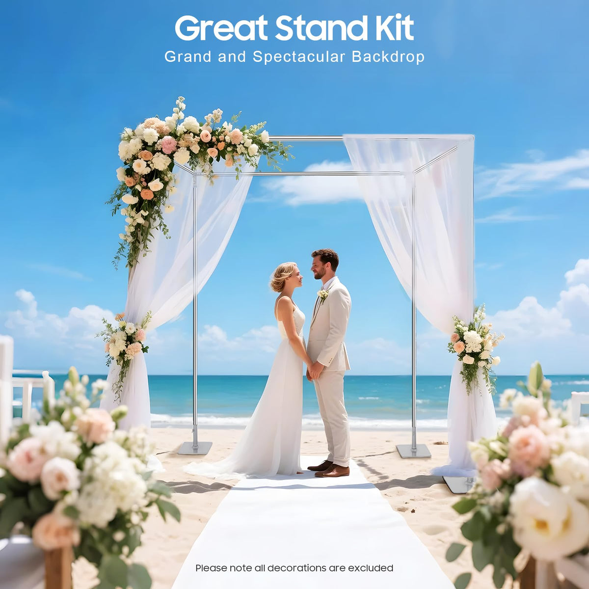 Wedding Backdrop Stand 4 Post, 5ft~10 ft Adjustable Wedding Hardware Kit Chuppah Canopy Detachable Metal Background