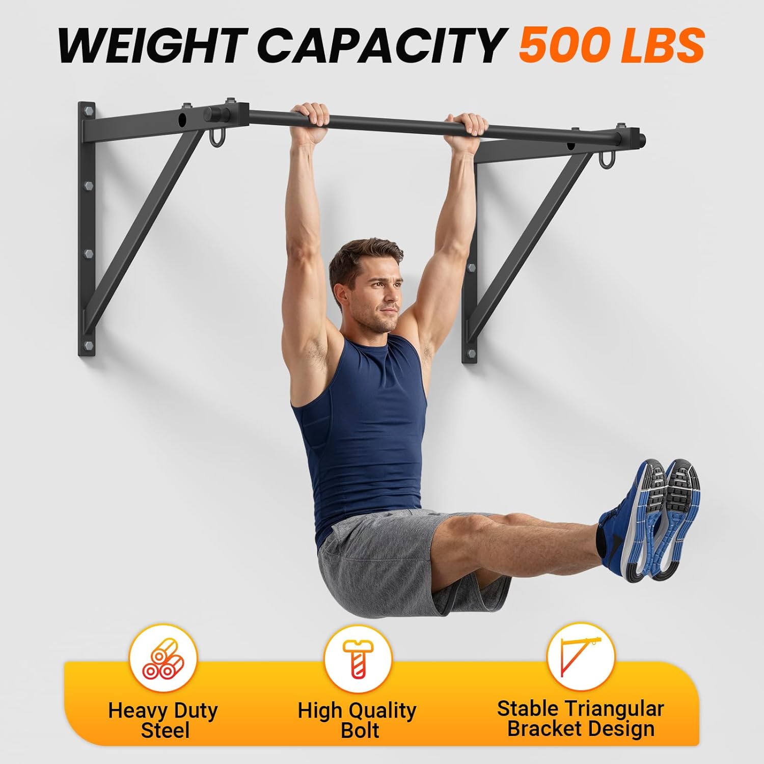 Wall Mounted Pull Up Bar with 500LBS Weight Capacity | 51" Length Chin Up Bar, Easy to Install, Adjustable Strength