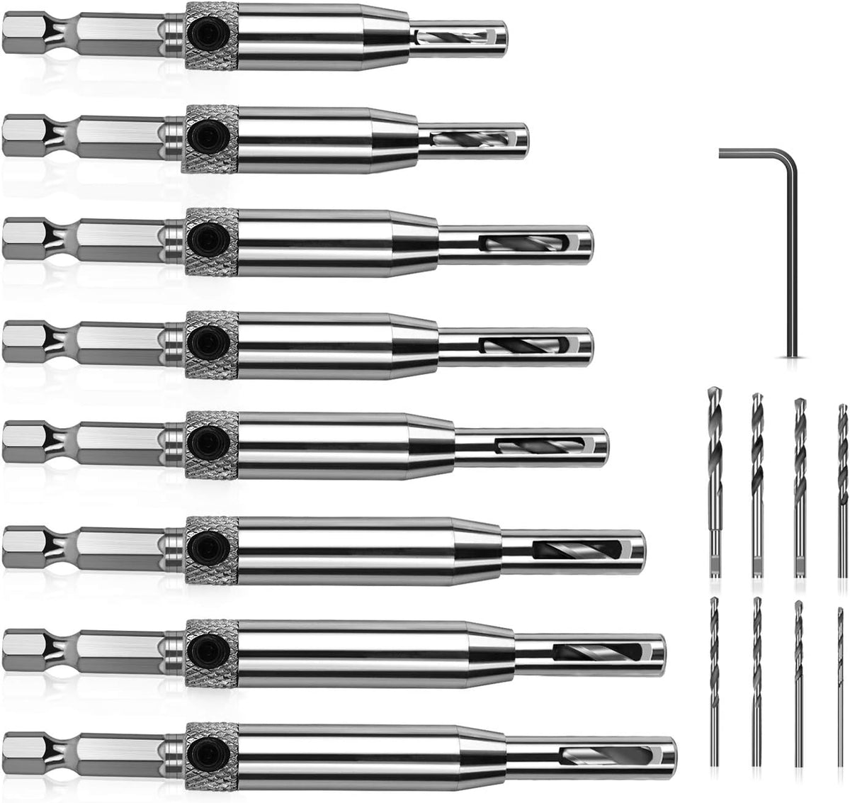 Werkzeug Self Centering Hinge Tapper Core Drill Bit Set for Woodworking, Adjustable Door Window Drill Bits with 1 Hex Key & 8 Replacement Drill Bits (5/64-1/4 Inches), 16 Pieces