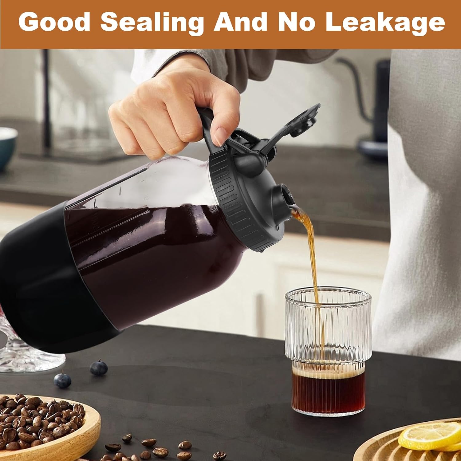 Cold Brew Coffee Maker, 64oz Mason Jar Pitcher with Stainless Steel Filter, Leak-Proof Lid with Pour Spout & Handle