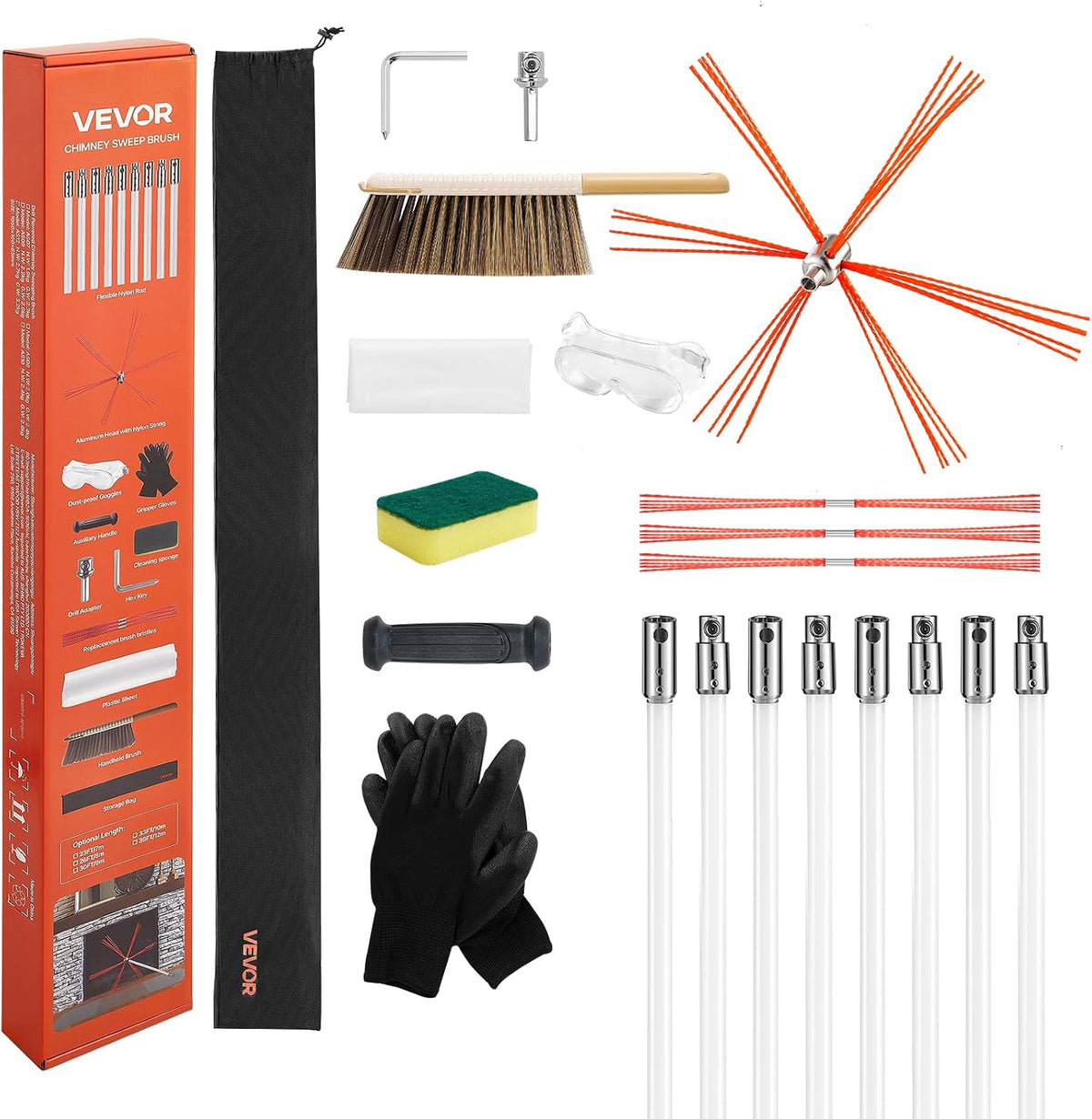 Chimney Sweep Kit, 26 ft Maximum Extendable Length Chimney Brush, Chimneys Cleaning Kit with Bristle Replacements &