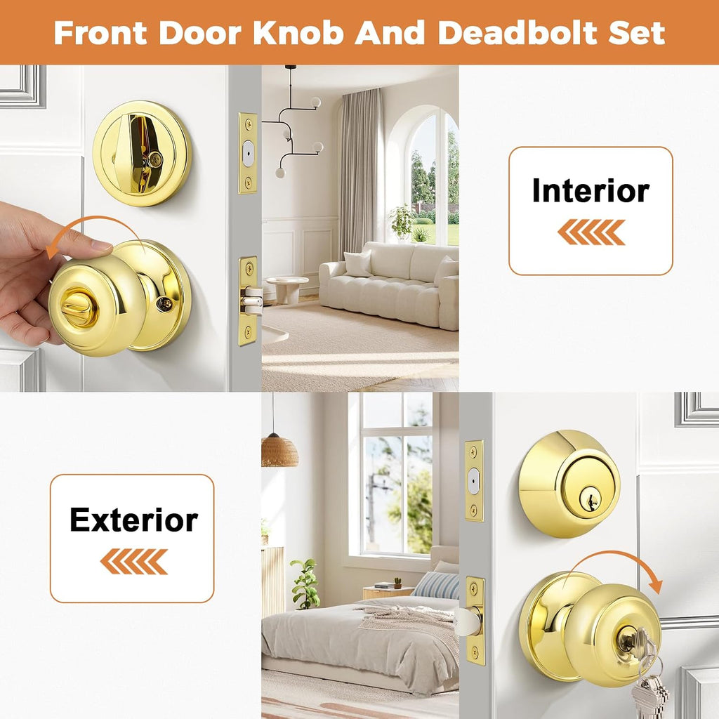 Keyed Entry Door Knobs Exterior Lockset and Single Cylinder Deadbolt Combination Set for Front Door, Polished Brass