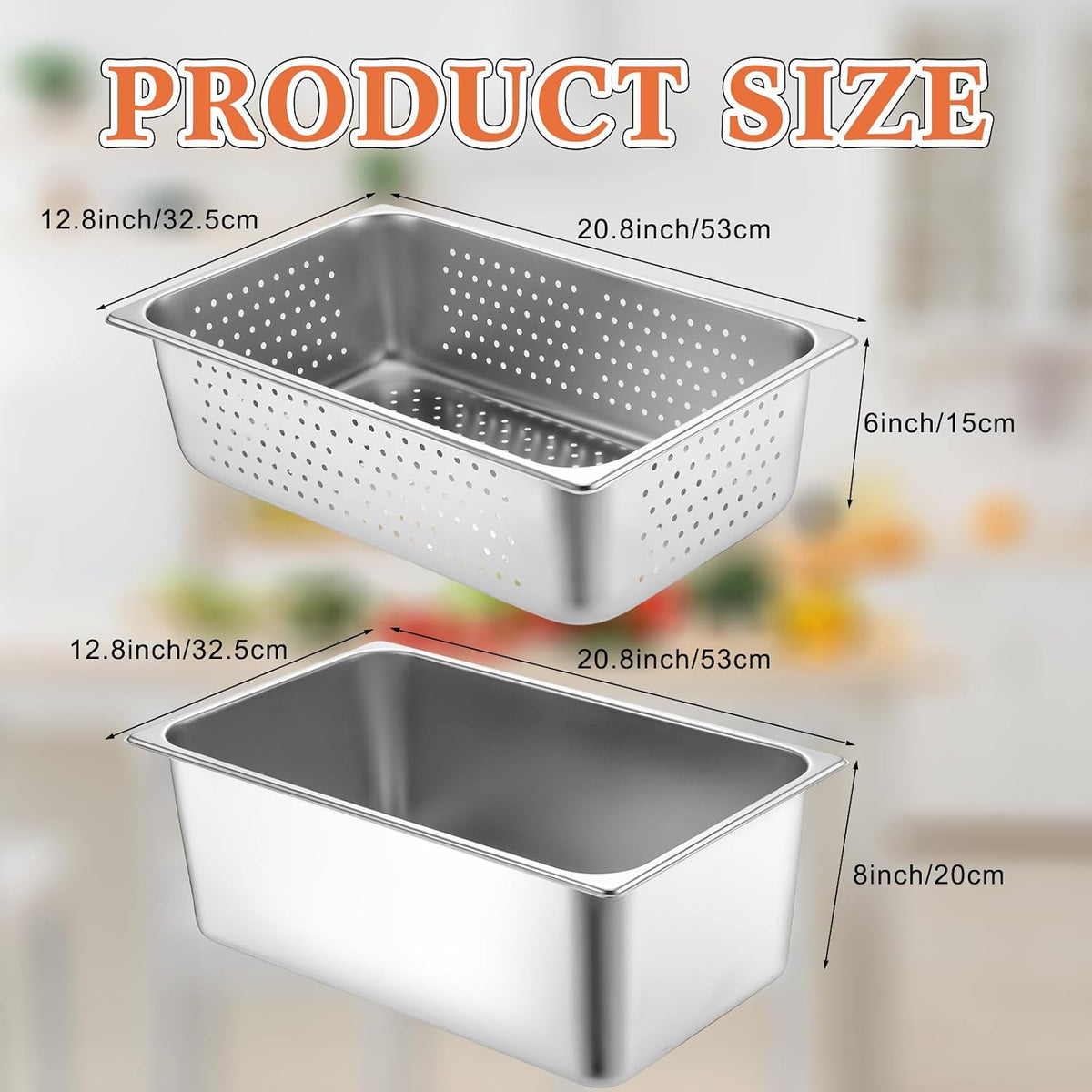 2 Pack Perforated Hotel Pans Set, Full Size, 6 Inches, 8 Inches