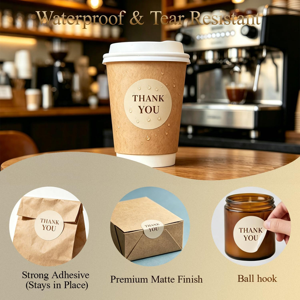 Thank You Stickers Roll, 500PCS, 1.5 Inch Round, Beige