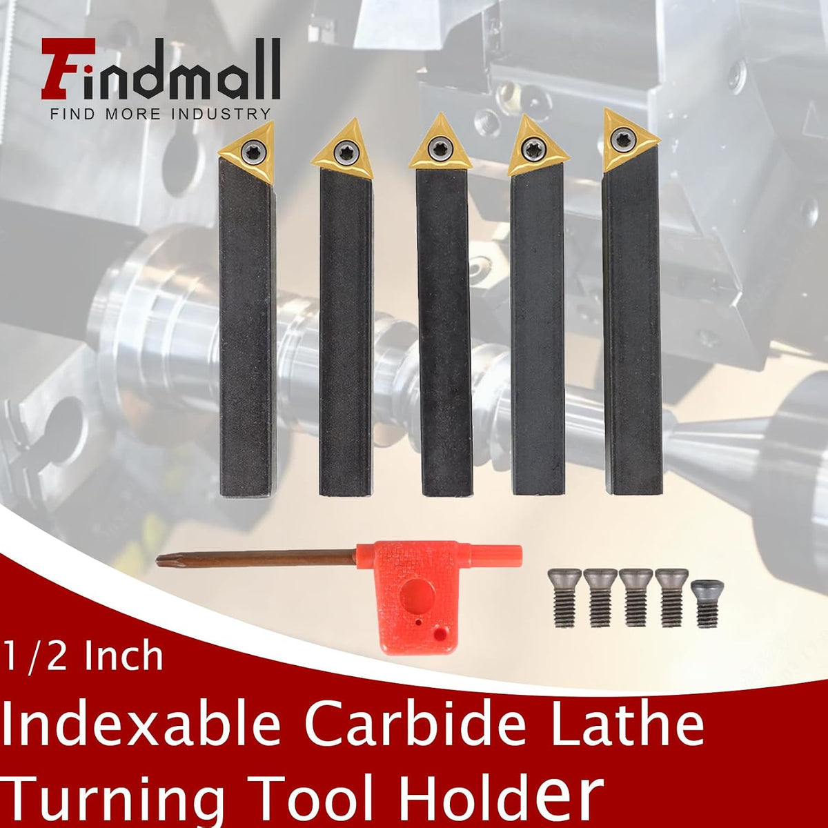findmall 5Pcs 1/2 Inch Indexable Carbide Lathe Turning Tool Holder
