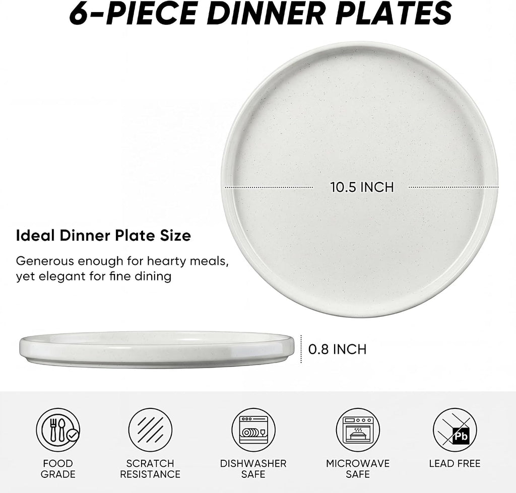 White Dinner Plates Set of 6, 10.5 Inch Stoneware Dinner Plate