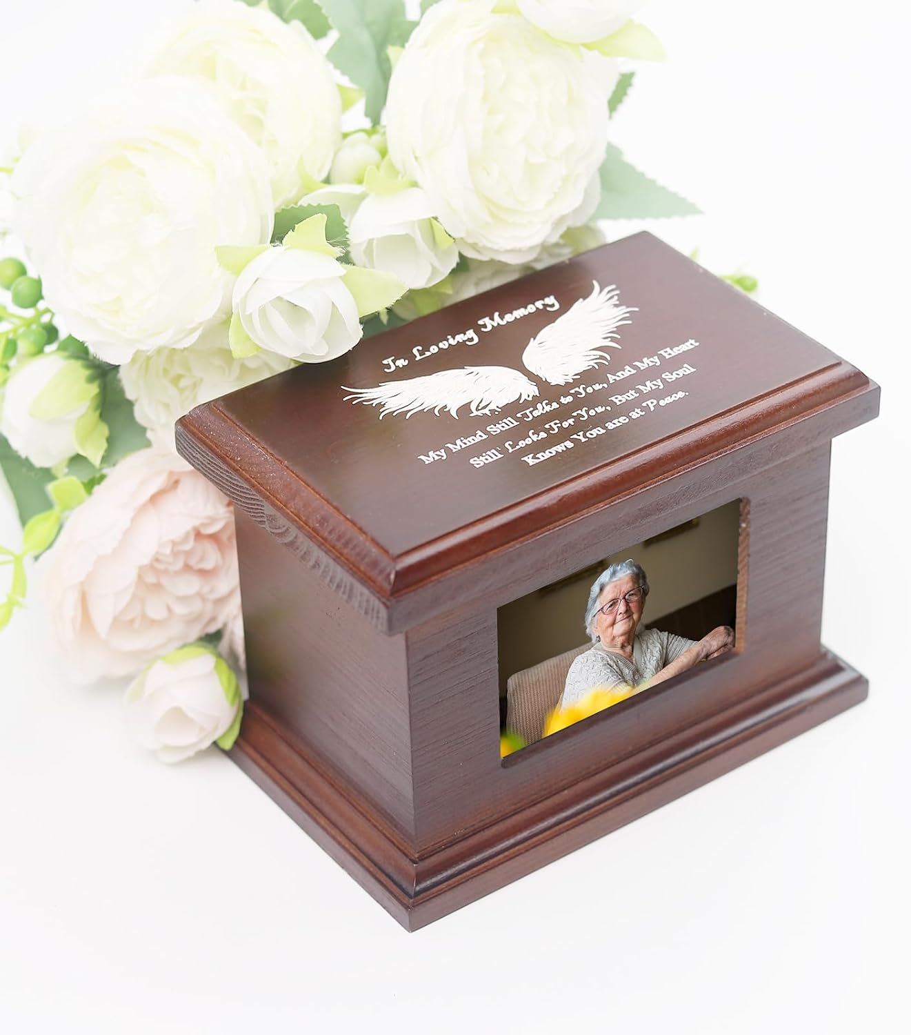 5.5 Inch Small Wooden Memorial Urn with Photo Frame, Keepsake Urn Box for Human/Pet Ashes - Wing