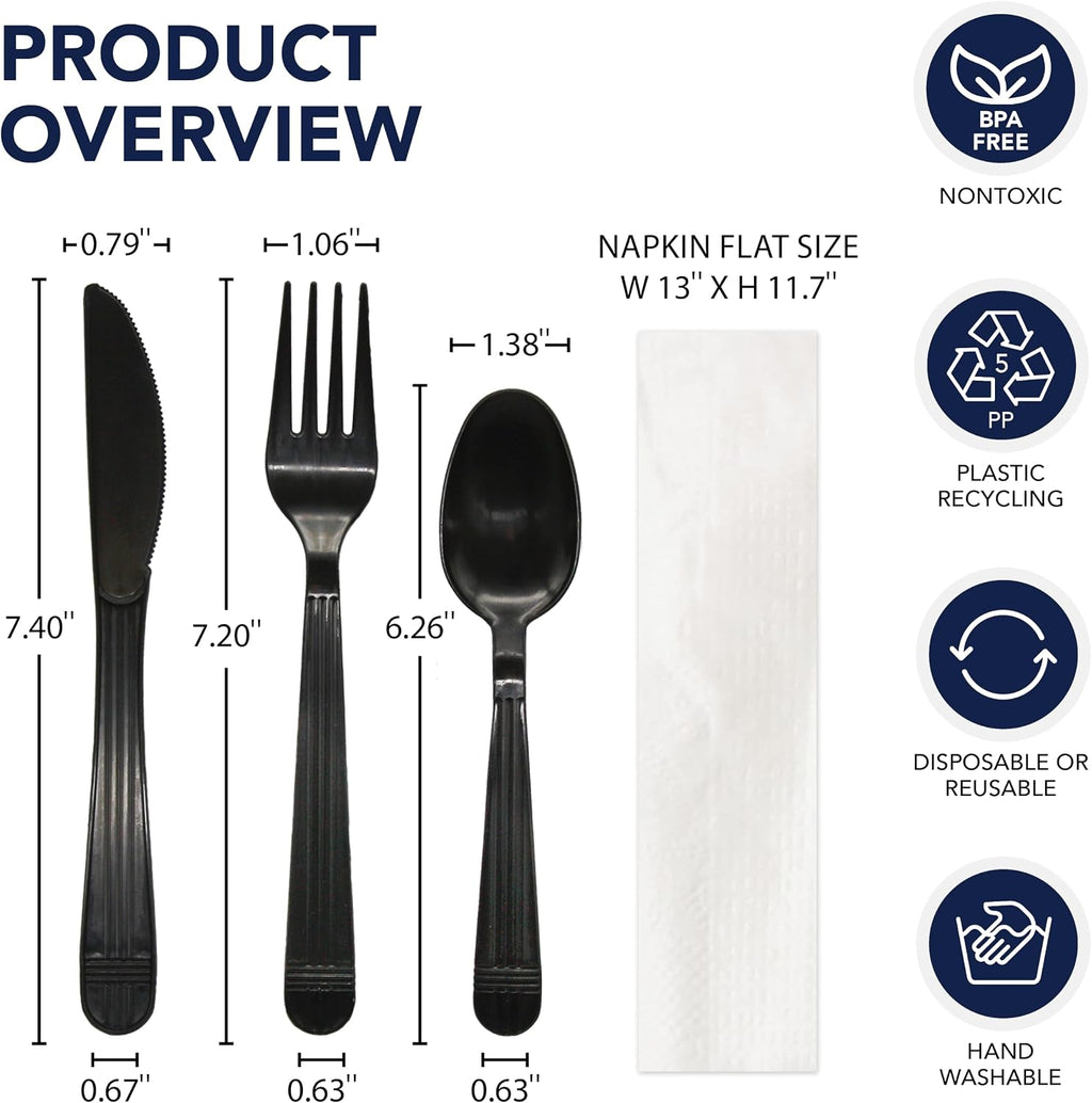Individually Wrapped Plastic Cutlery Packets/Heavy Duty Silverware Kits, Fork/Spoon/Knife/Napkin/Salt/Pepper, 50