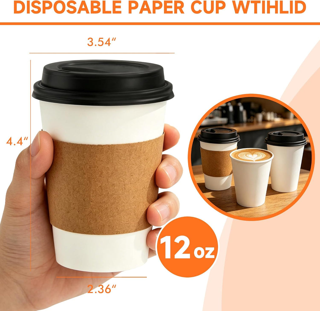 100 Pack 12 oz Disposable Coffee Cups with Lids and Sleeves,White