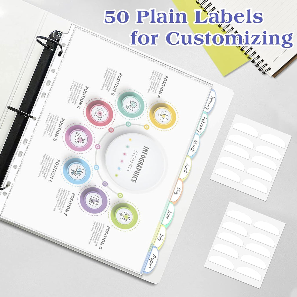 5 Set of 40 Pack A4 Plastic Sleeves Binder Index Dividers Pocket Dividers for 2/3/4 Ring Binder with 8 Tabs，Clear