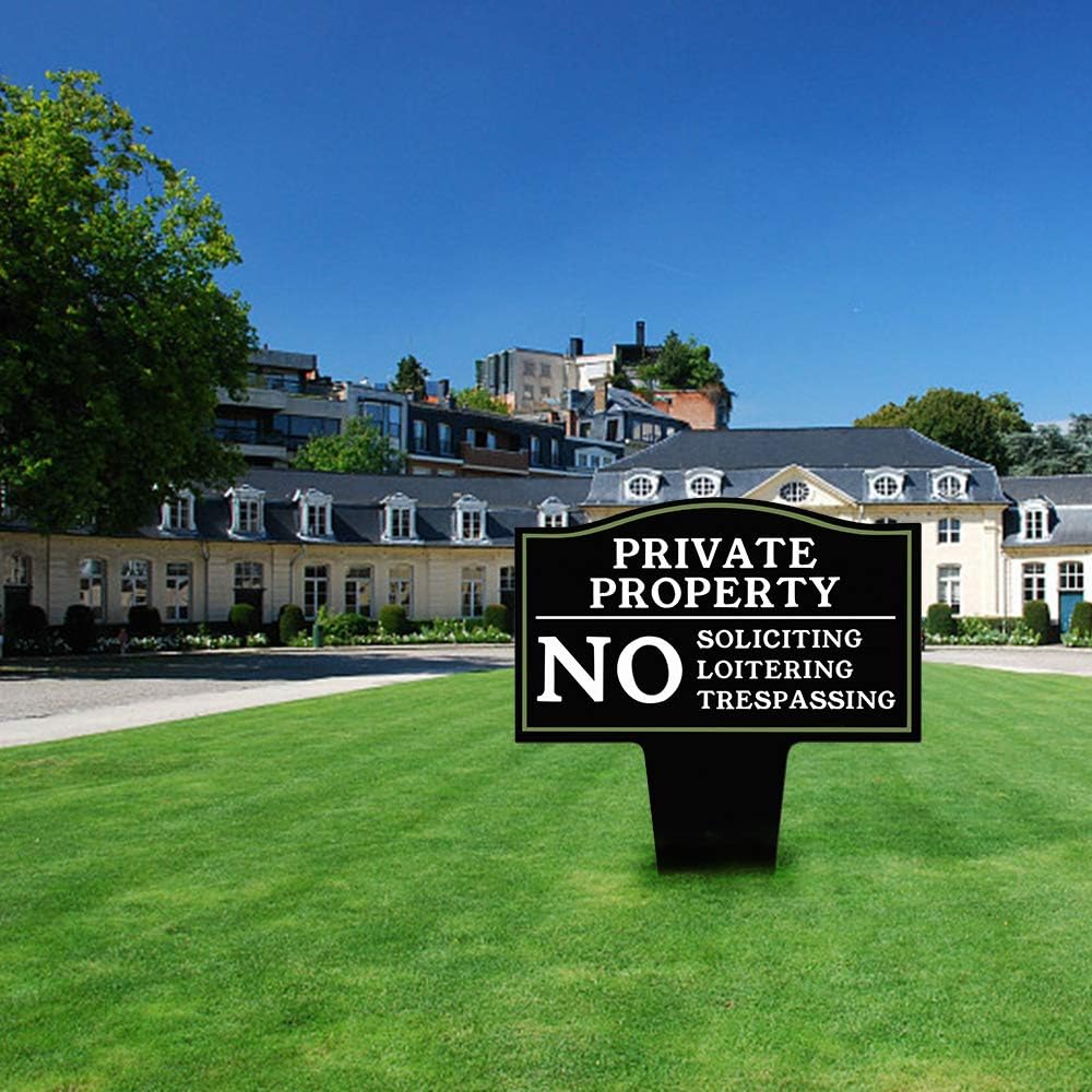 Private Property No Trespassing, No Soliciting and No Loitering Signs with Stake, 16x12.5 Inch Rust Free Metal Yard