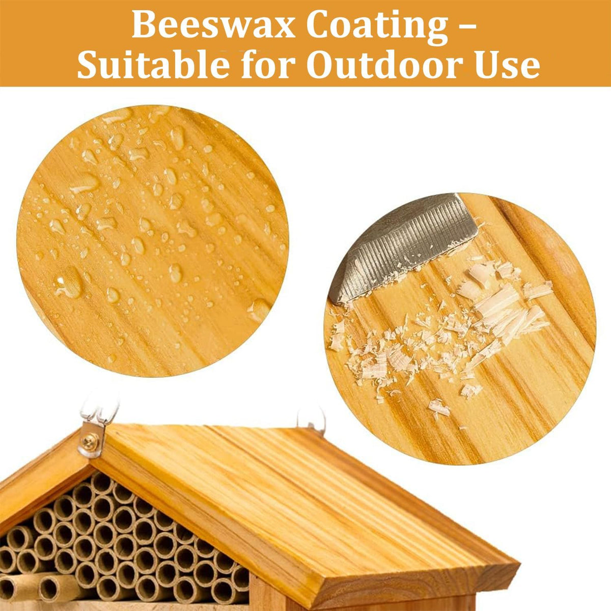 Mason Bee House -Wax Coated Mason House for The Garden,Natural Handmade Wooden Mason Home, Attracts Peaceful Bee