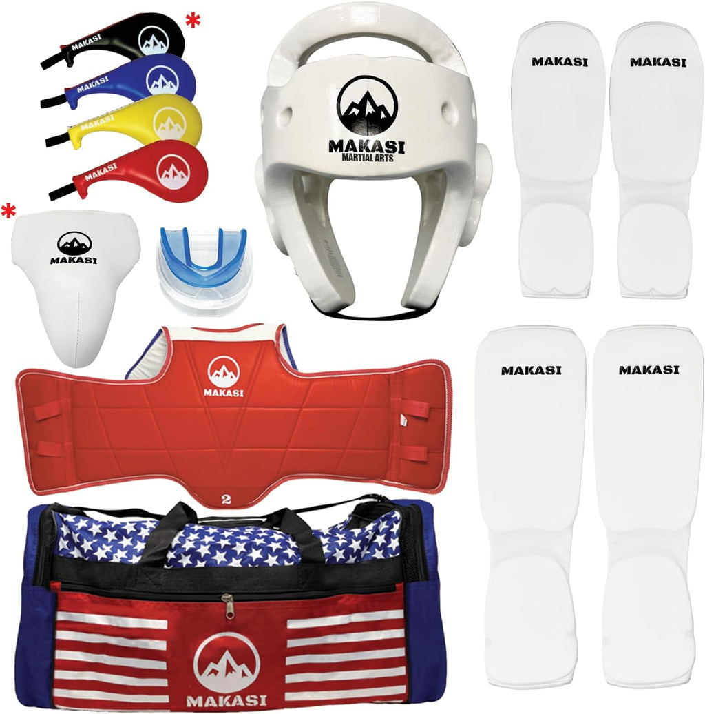 Martial Arts Taekwondo Sparring Gear Equipment Set Headgear Cloth Shin Instep Arm Chest Mouthguard Bag